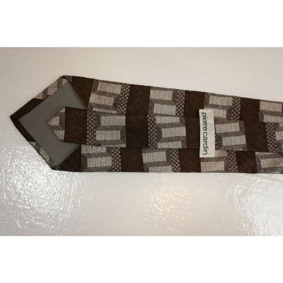 Pierre Cardin Brown & Silver Silk Geometric Pattern Necktie - Picture 9 of 11